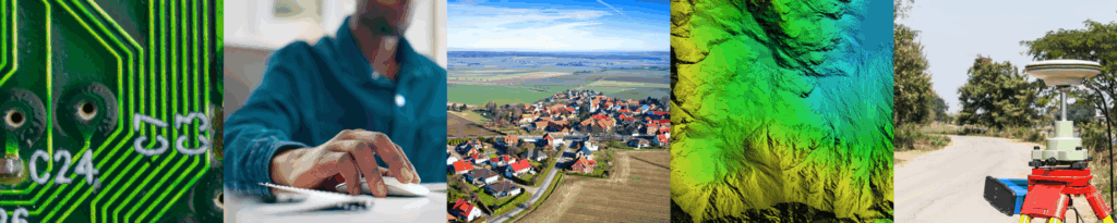 a collage banner image with a circuit board, man using a computer mouse, rural village, false-color satellite image, and GPS antenna on a tripod