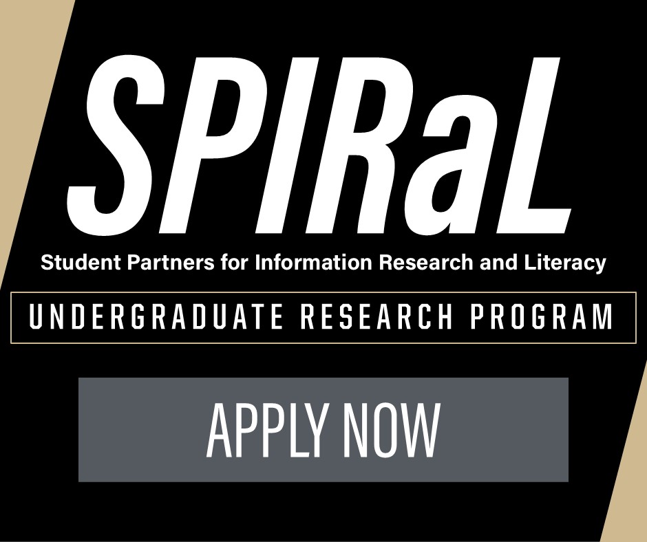 Promotional graphic for SPIRaL, Student Partners for Information Research and Literacy Undergraduate Research Program.