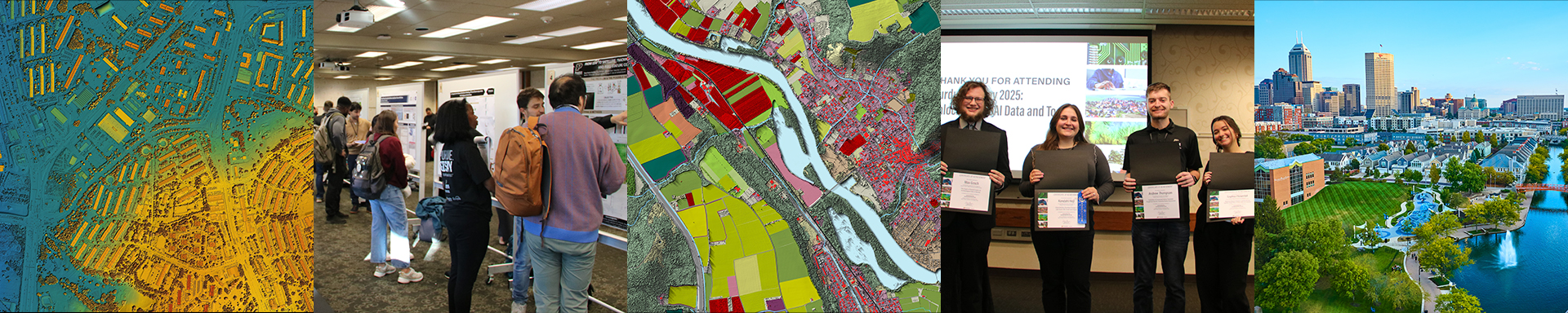 A photo collage featuring a map, student poster presentations, another map, the 2025 student poster award winners, and the Indianapolis skyline